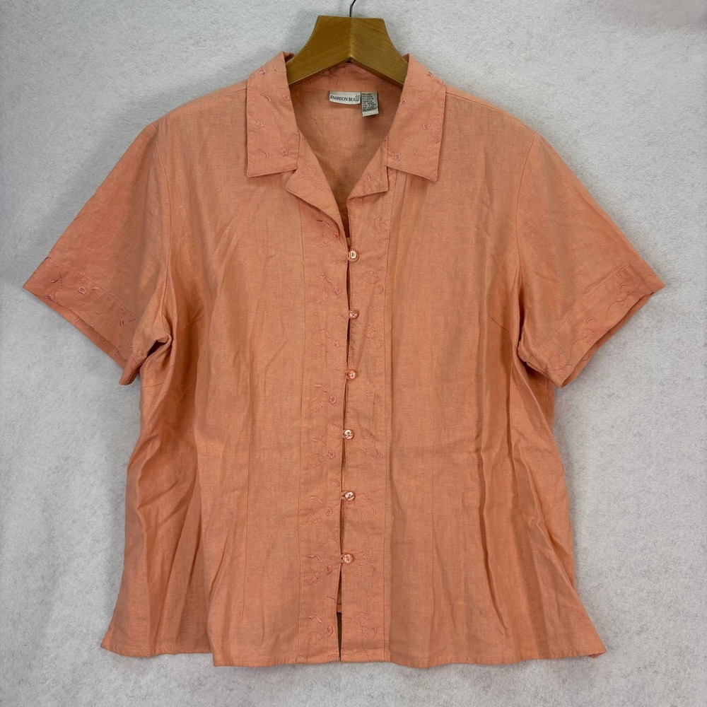 Fashion Bug Peach Linen Blend Embroidered Button Down Shirt Womens 22/24 Coastal